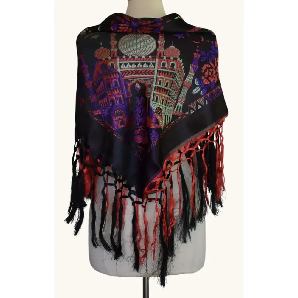 Vintage 40s Black and Purple Silk Taj Mahal Piano Shawl, WW2 Scarf, Fringed